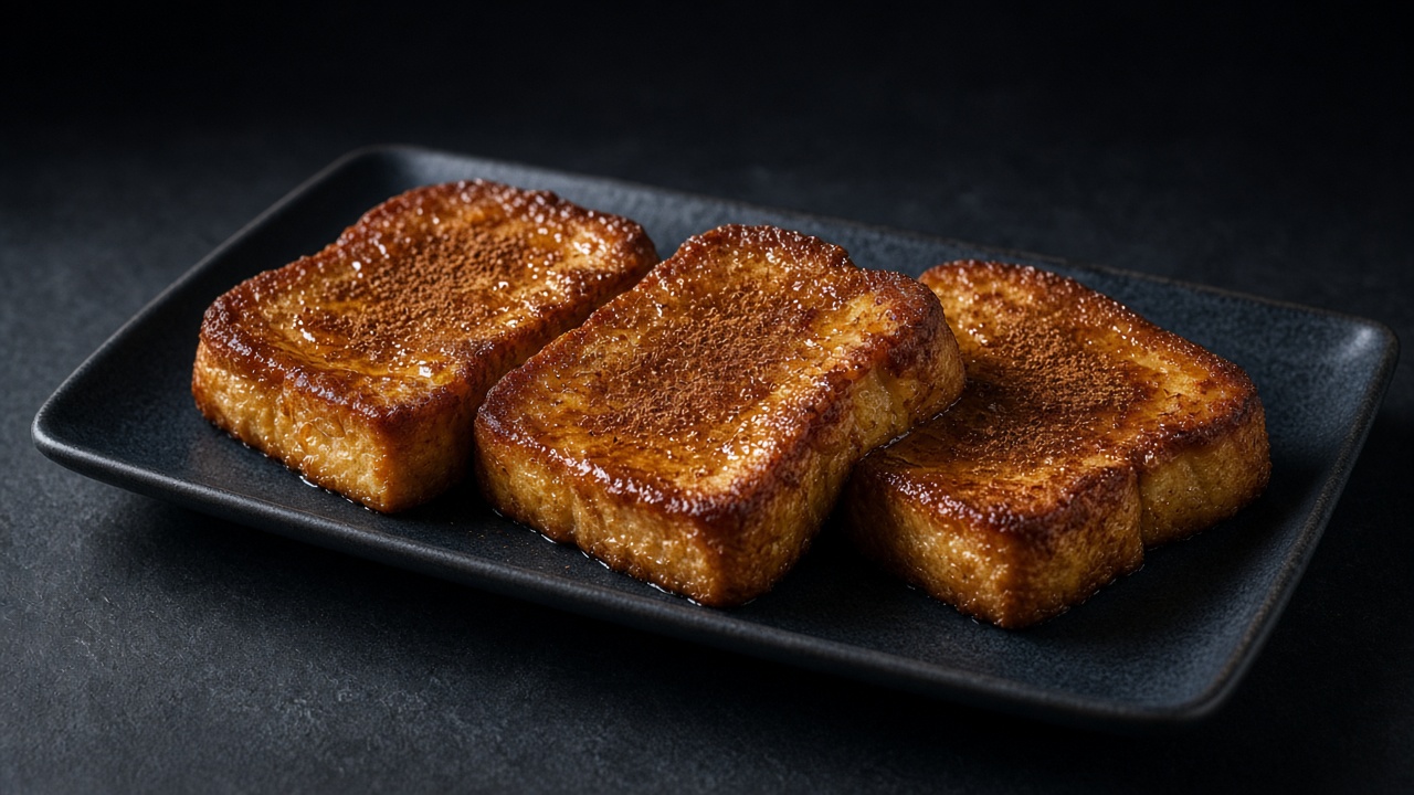 Golden caramelised torrijas slices dusted with cinnamon sugar on a plate.