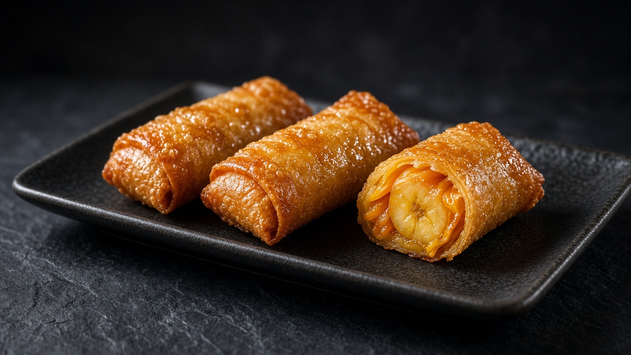 Three caramel-glazed turon rolls, one cut open to show banana and jackfruit.