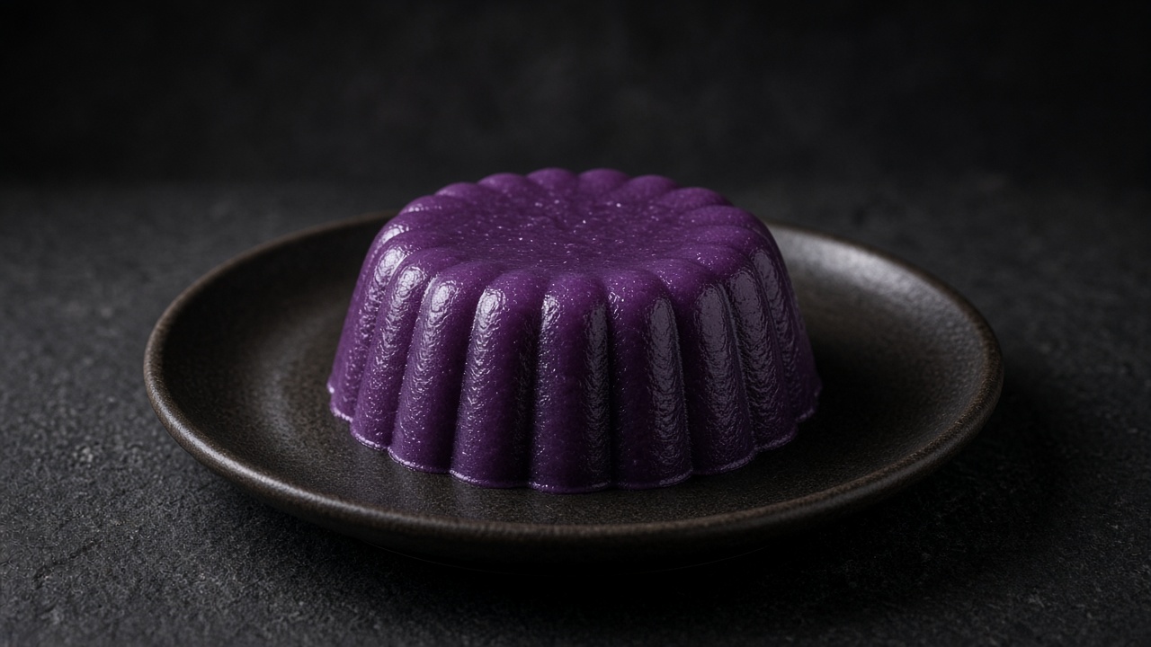 A glossy deep purple ube halaya unmoulded from a fluted mould onto a plate.