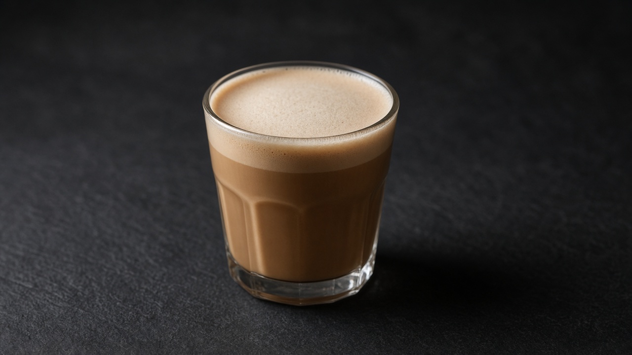 A small clear glass of tan cortado with a thin pale line of foam on top.