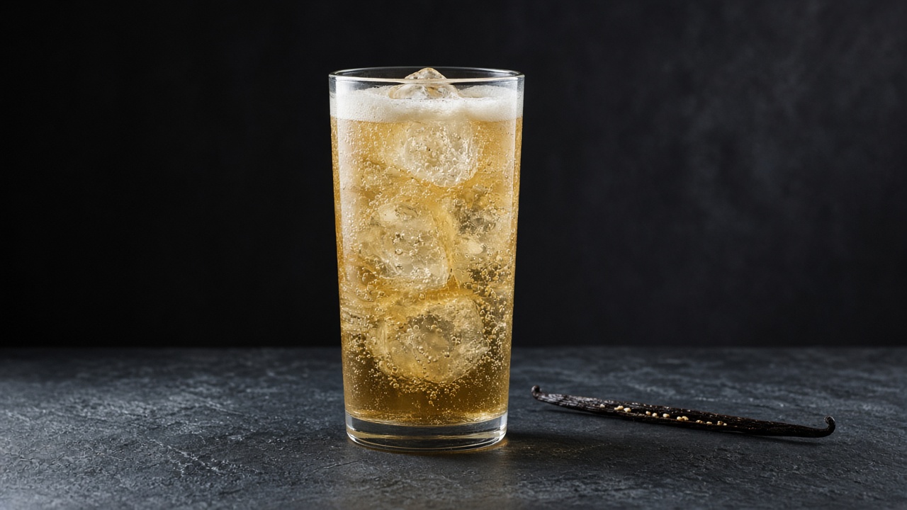 A tall glass of pale, fizzy liquid topped with ice cubes and a layer of fine bubbles.