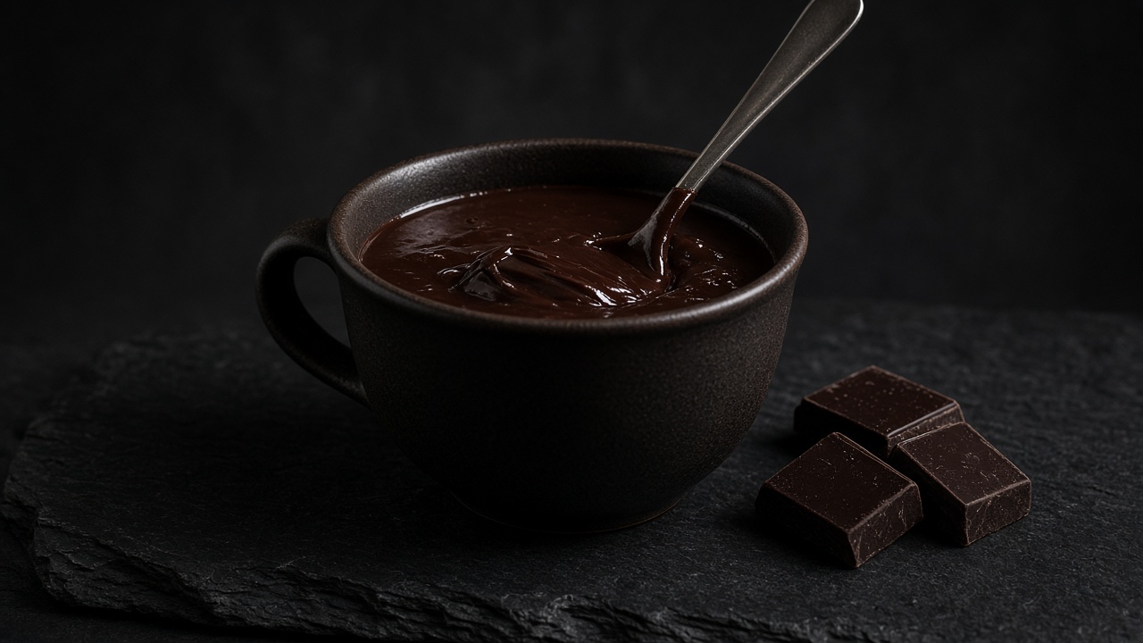 A mug of thick dark hot chocolate with a spoon and pieces of dark chocolate.