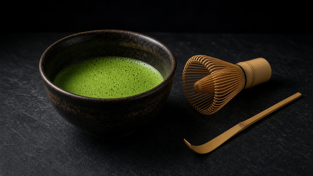 A dark bowl of frothy bright green matcha with a bamboo whisk and scoop.